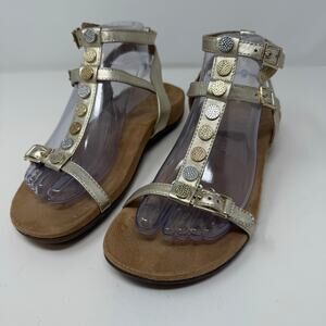 Vionic Hailey T-Strap Sandals Women's 8 Gold Metallic Disc Embellishment Summer